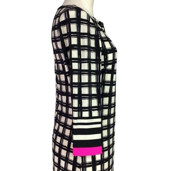 Eliza J Shift Dress Womens 8 Black Ivory Pink Trim Geometric 3/4 Sleeve Stretch - Picture 5 of 9